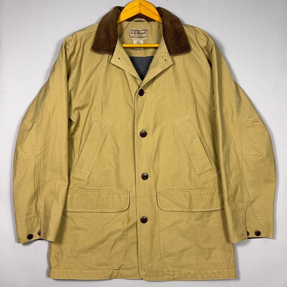 LL Bean Chore Barn Field Coat Mens Medium Canvas Corduroy Collard Tan Workwear